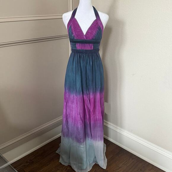 BCBG Maxazaria 2000s Y2K Ombre Tie Dye Silk Chiffon Maxi Halter Dress Size 2 - Picture 1 of 8